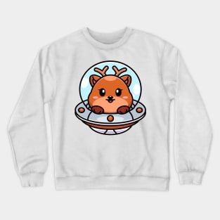 Cute deer flying with spaceship ufo cartoon Crewneck Sweatshirt